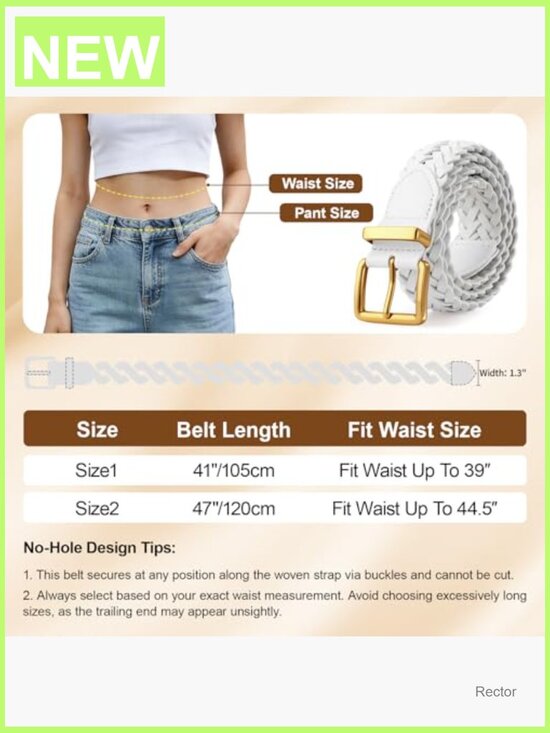 Women\'s Woven Leather Belt with Gold Buckle, Hole-Free Adjustable main image 3